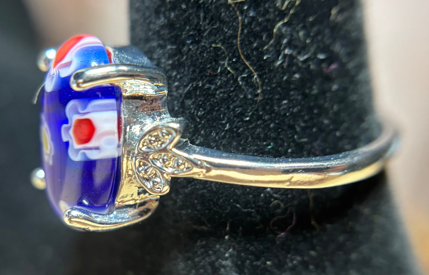 Ring Size 8.5 - Blue Murano Glass with Crystal Side Accents