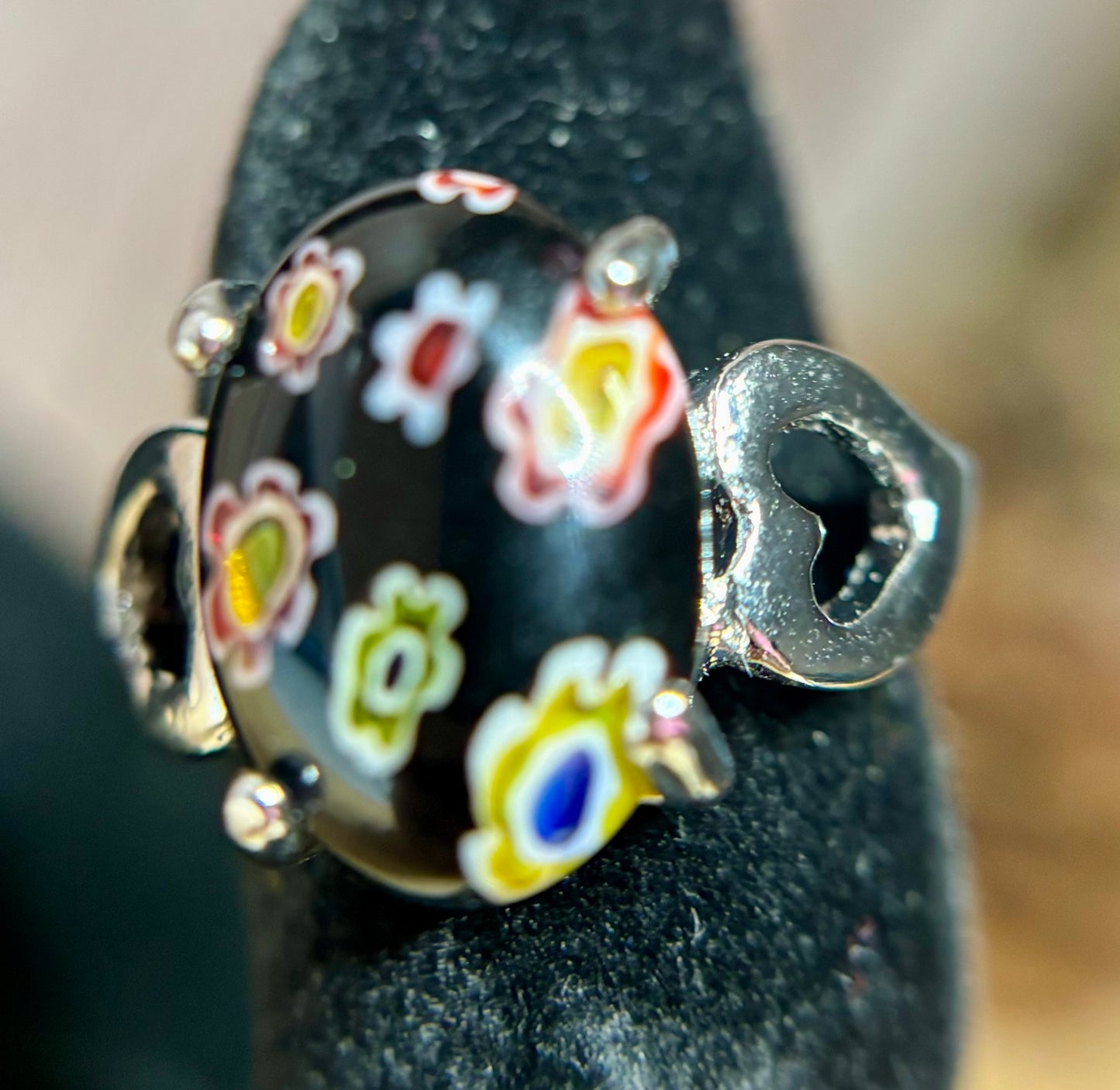 Ring Size 5 - Black Millefiori Cocktail Ring with Heartside accents