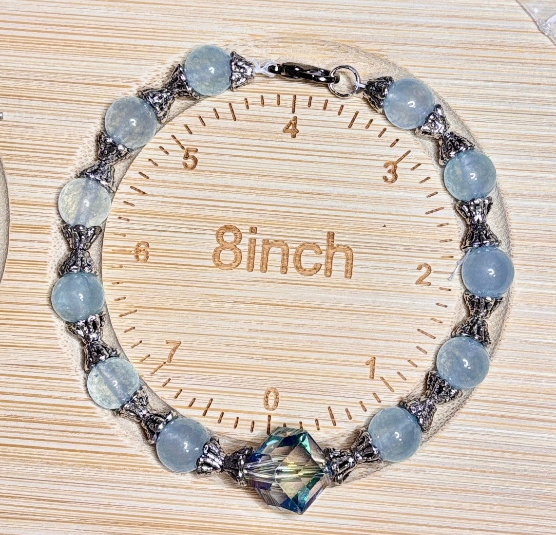 Bracelet - Powder Blue Beaded with a Center Faceted Blue Crystal - #BC09