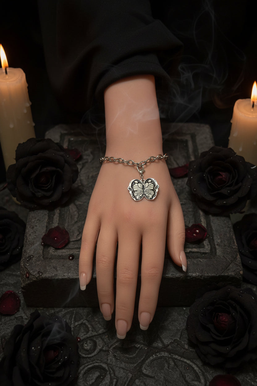 Bracelet - Silver Tone - Gothic Style - Black Enamel Butterfly - Adjustable