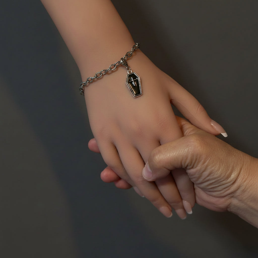 Bracelet - Silver Tone - Gothic Style - Black Enamel Coffin Charm - Adjustable
