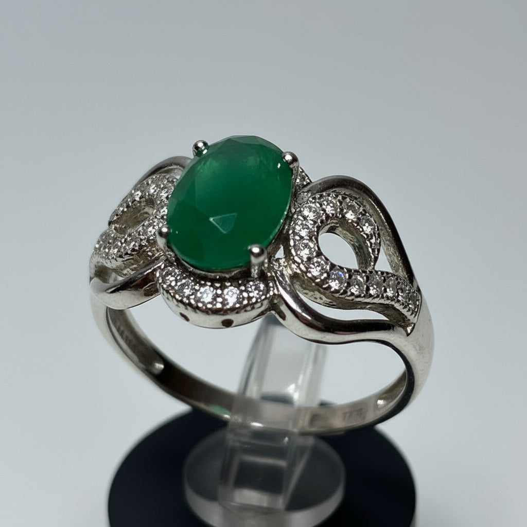 Ring - Size 9 Simulated Emerald Cocktail Ring with Cubic Zirconia Accents