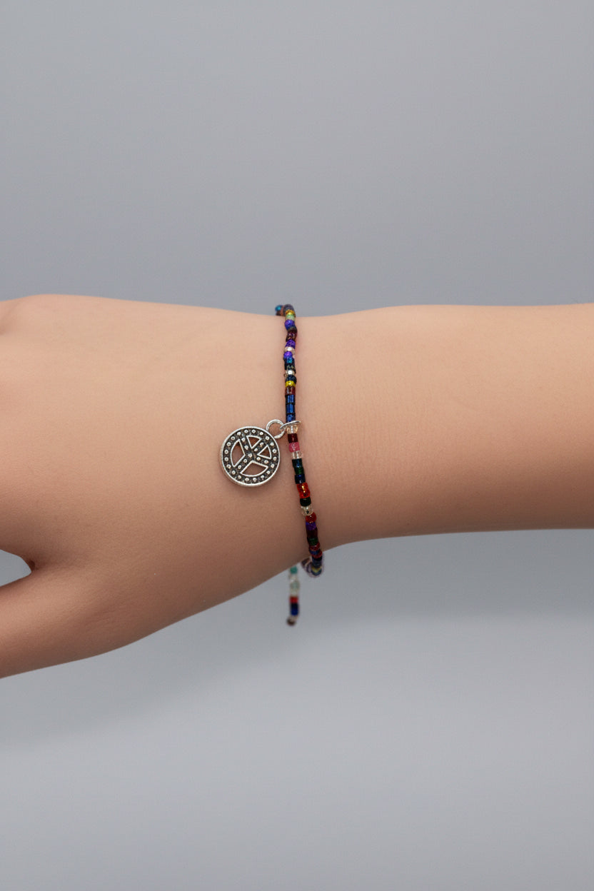 Bracelet - Multi Colored Seed Beads - Peace Symbol Charm