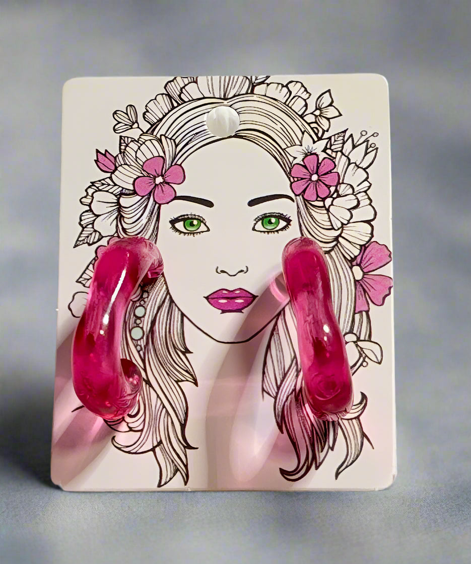 Chunky C Shape Acrylic Earrings - Vibrant Pink