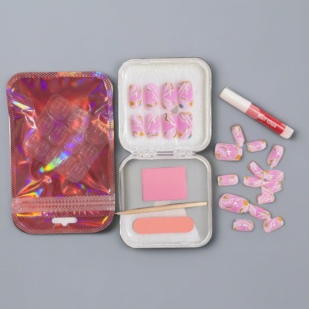Press on Nails - Pink Swirl - FREE Mystery Hair Scrunchie included