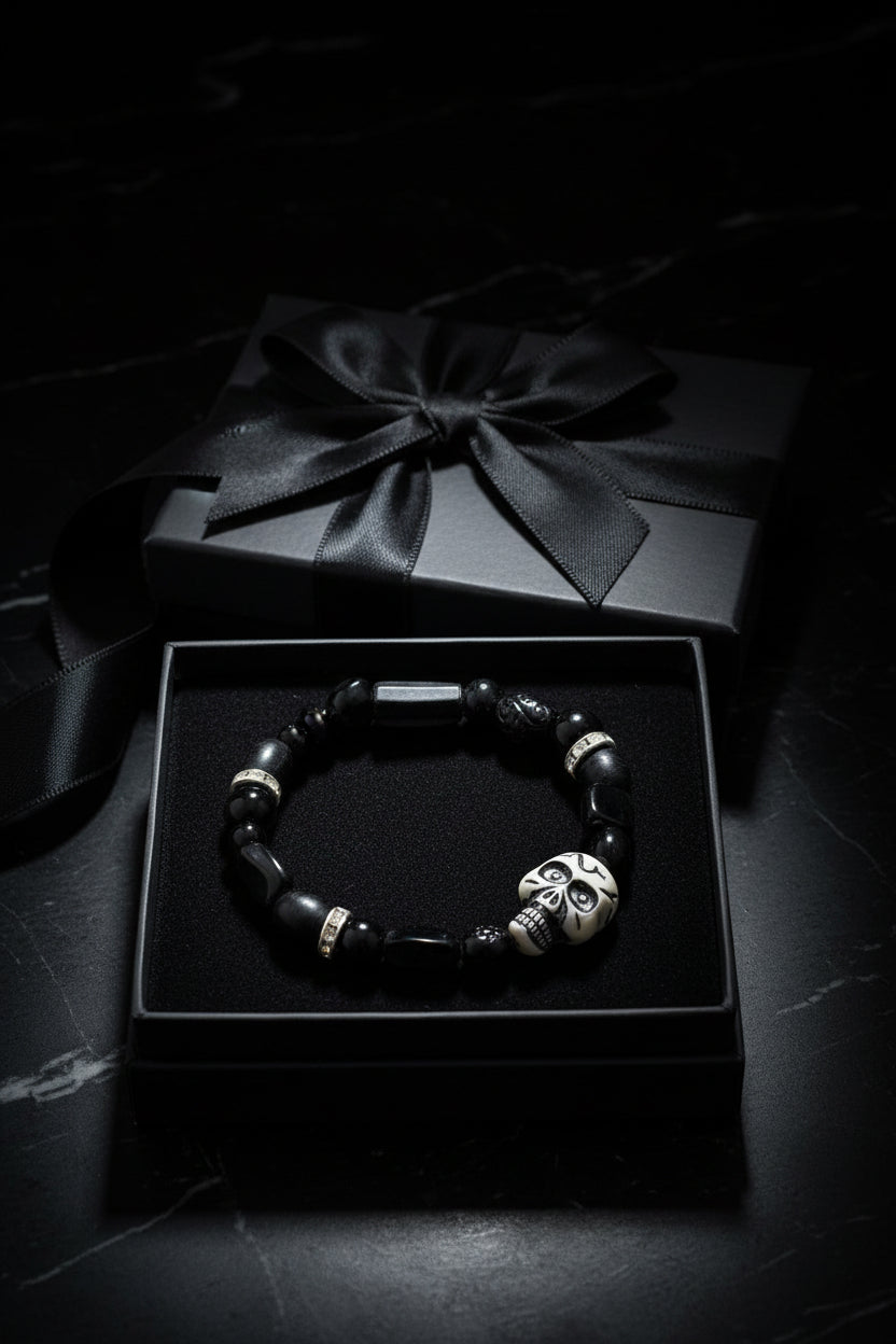 Bracelet - Stretch - Black Glass & Wooden Elongated Beads - with a Focal Skull Bead