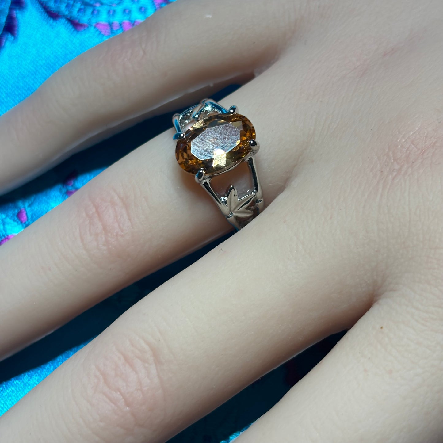 Ring Size 7.5 Simulated Mandarin Garnet With Leaf Accents