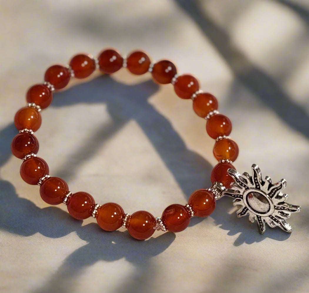 Handmade - Carnelian Beaded Sun Charm Stretch Bracelet