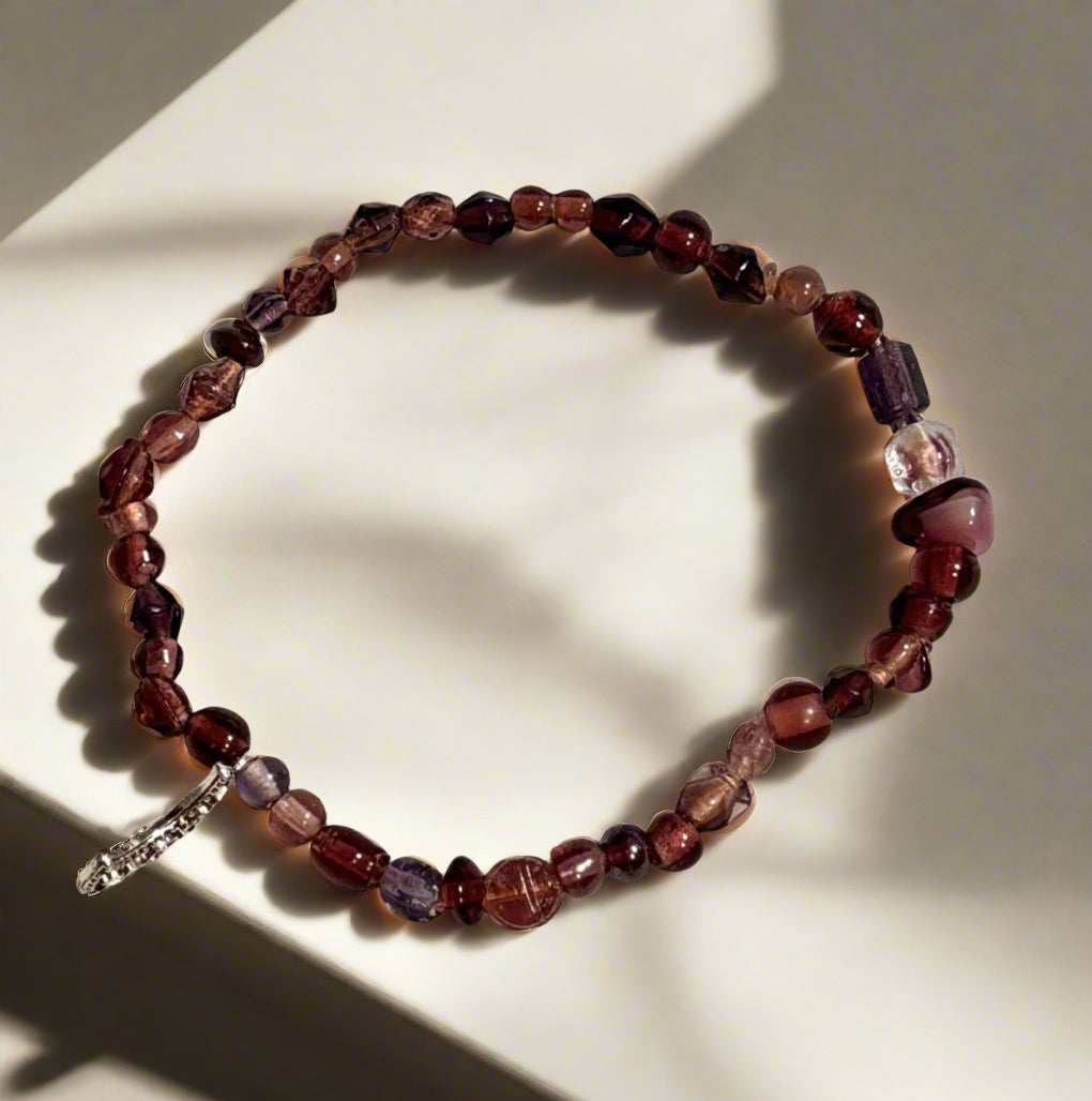Handmade - Deep Purple Beaded Bracelet with Crescent Moon Charm
