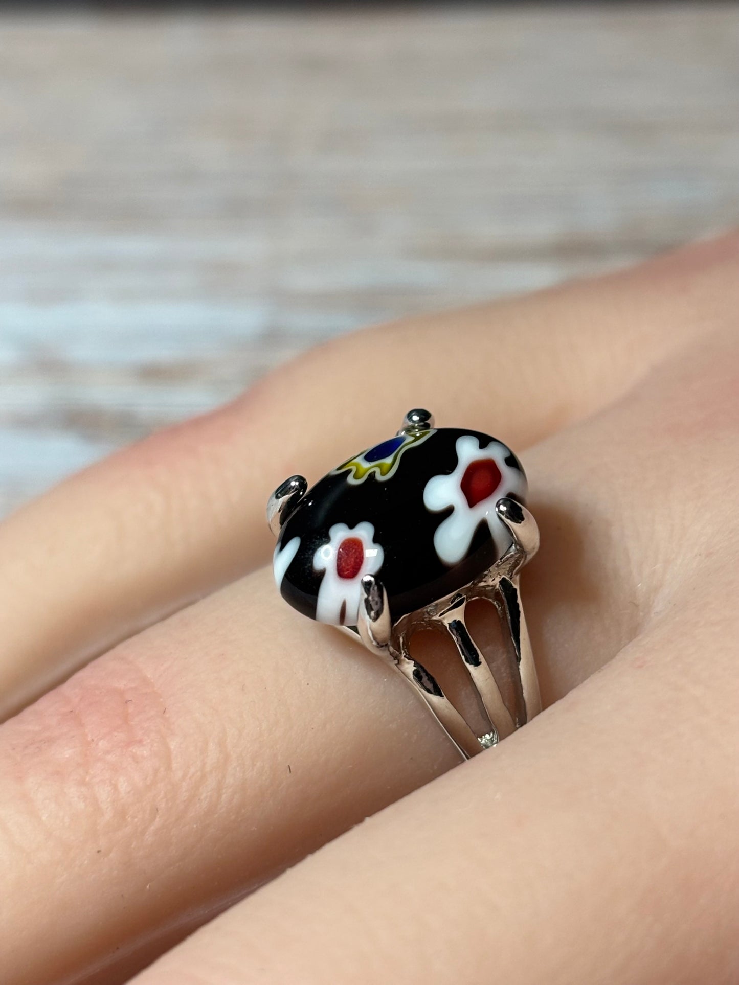 Ring Size 8 Black Floral Murano