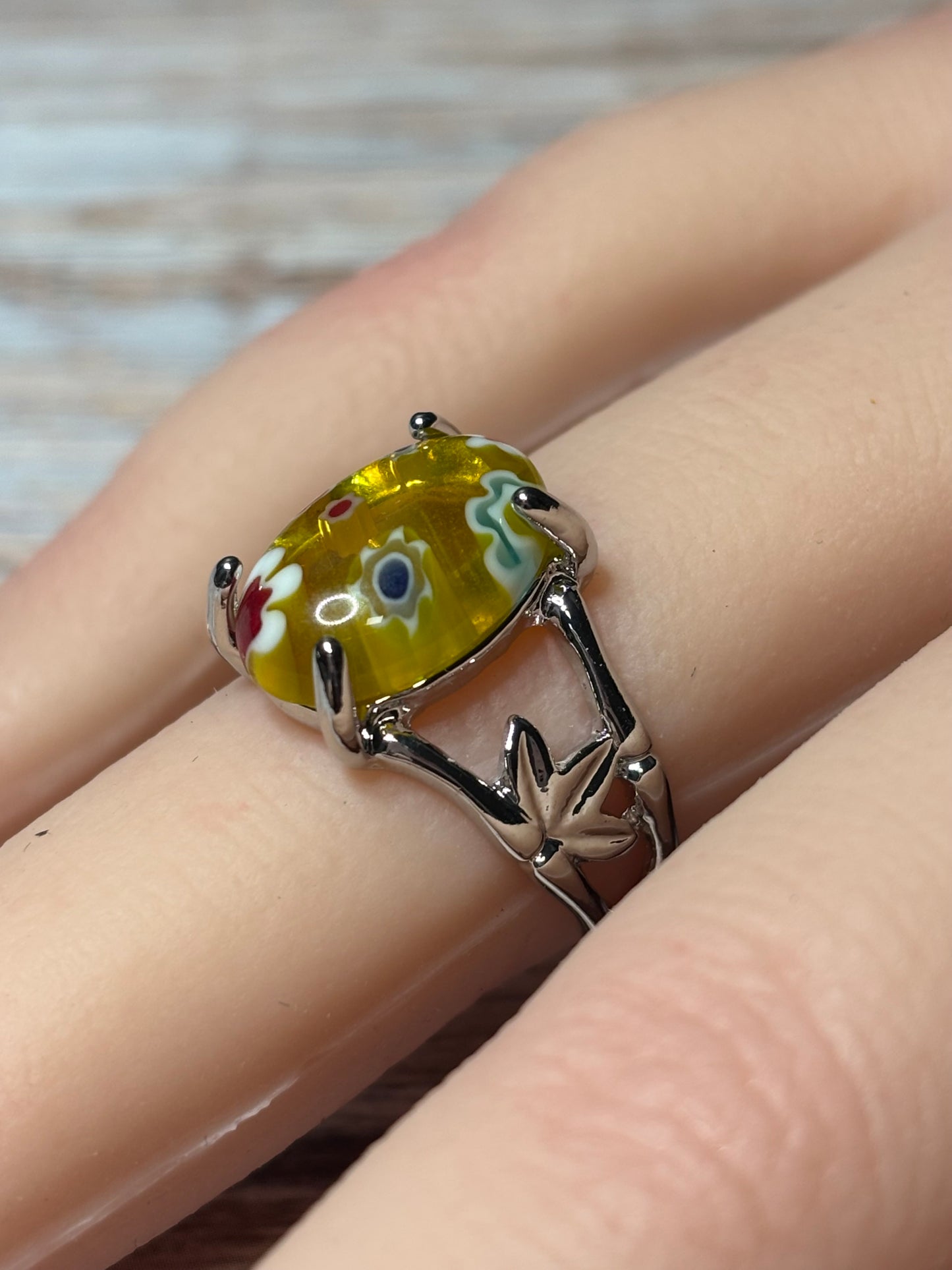 Ring Size 6 - Yellow Floral Murano with Leaf Accent