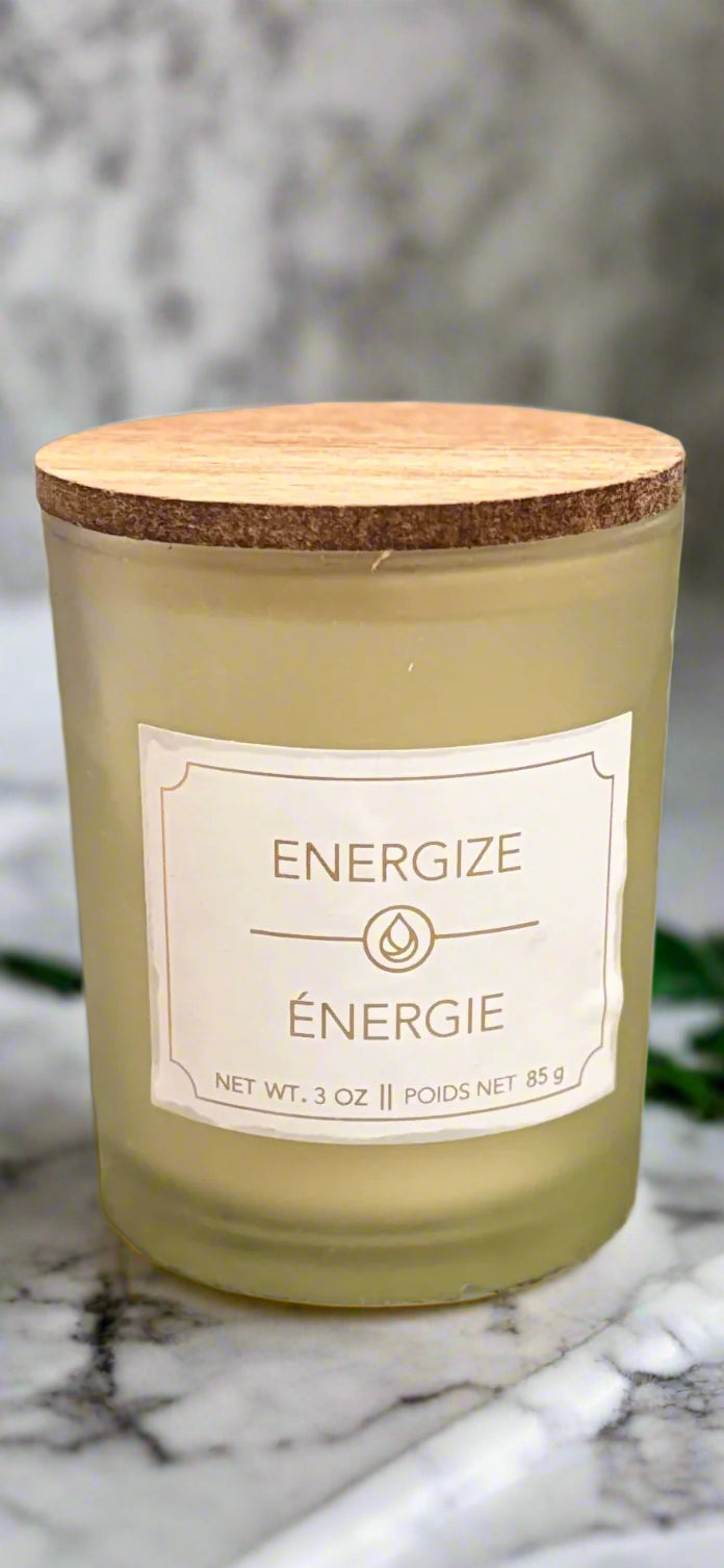 Energize Candle - in Frosted Green Glass Jar with Wooden Lid
