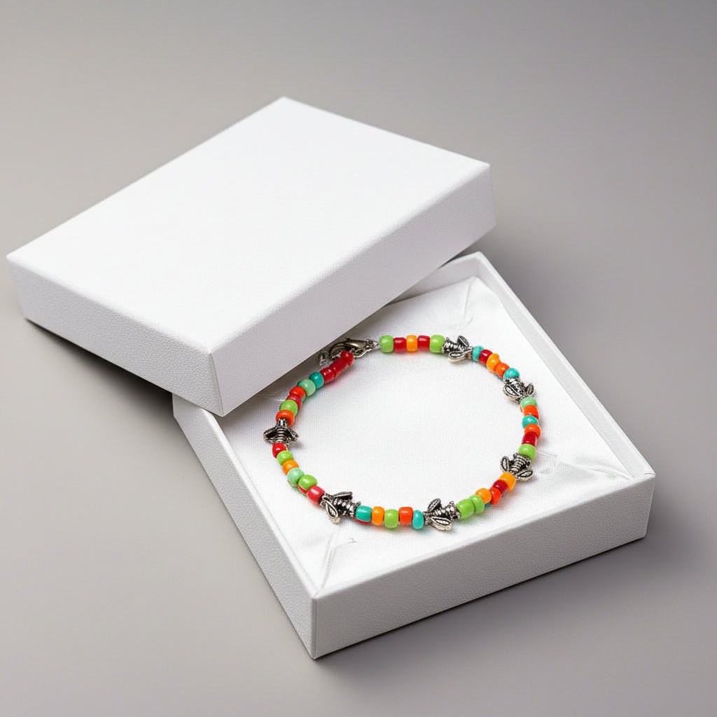 Bracelet - Multicolor Seed Beads - with Bronze Bee Spacers - 8"