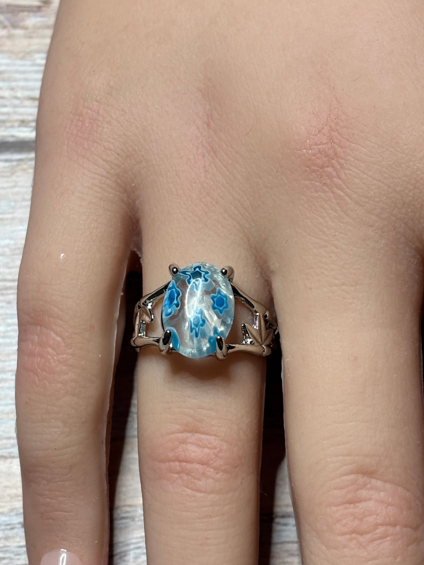 Ring - Size 8 - Millefiori Clear with Blue Floral Pattern and Leaf Side Accent