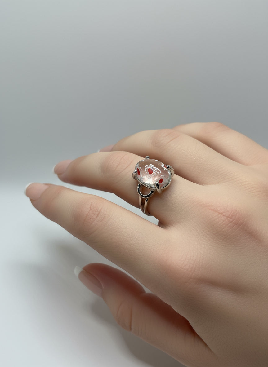 Ring - Size 5.5 Clear with White and Red Floral Murano