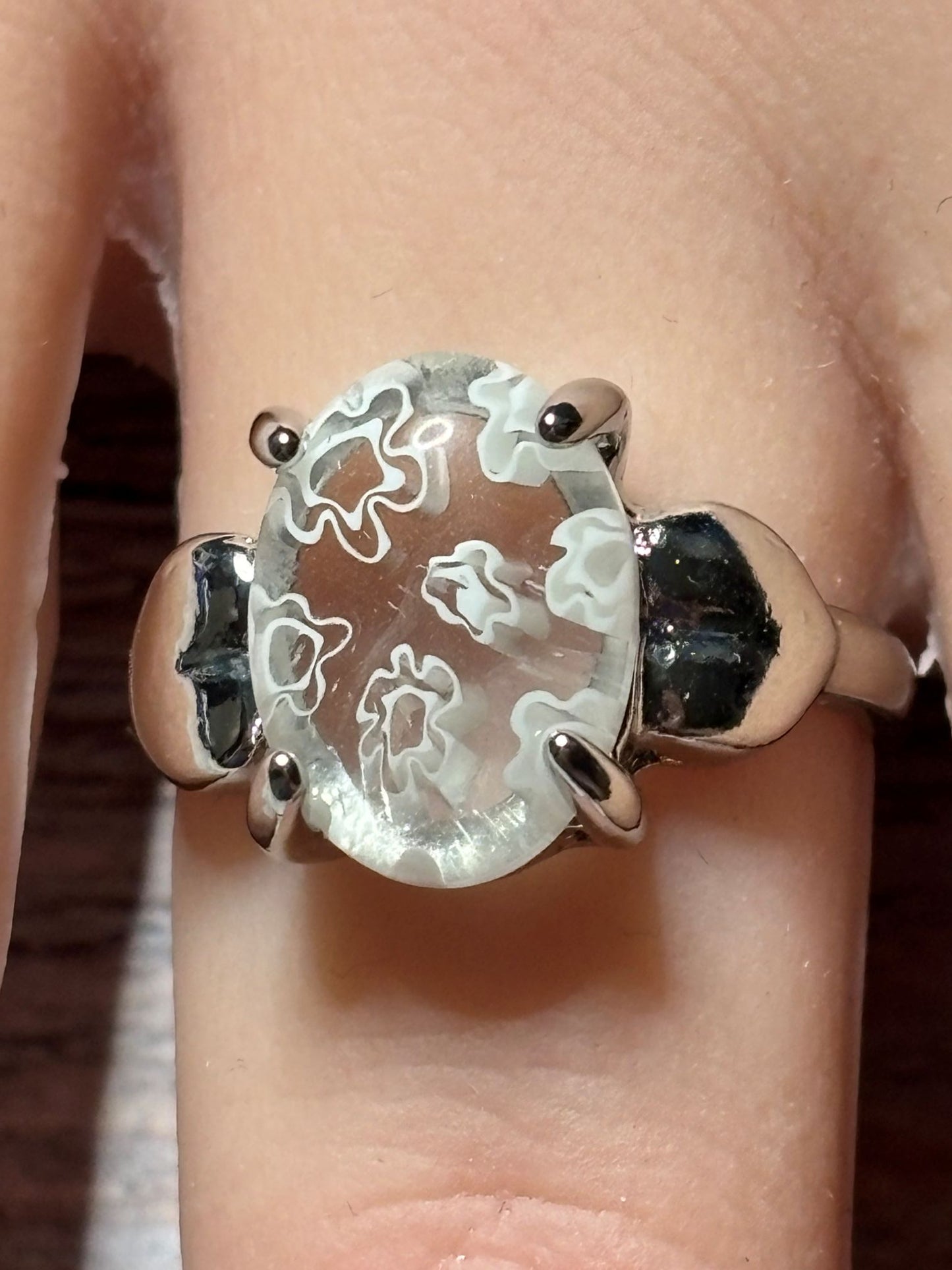 Ring Size 8.5 - Murano Millefiori White Floral