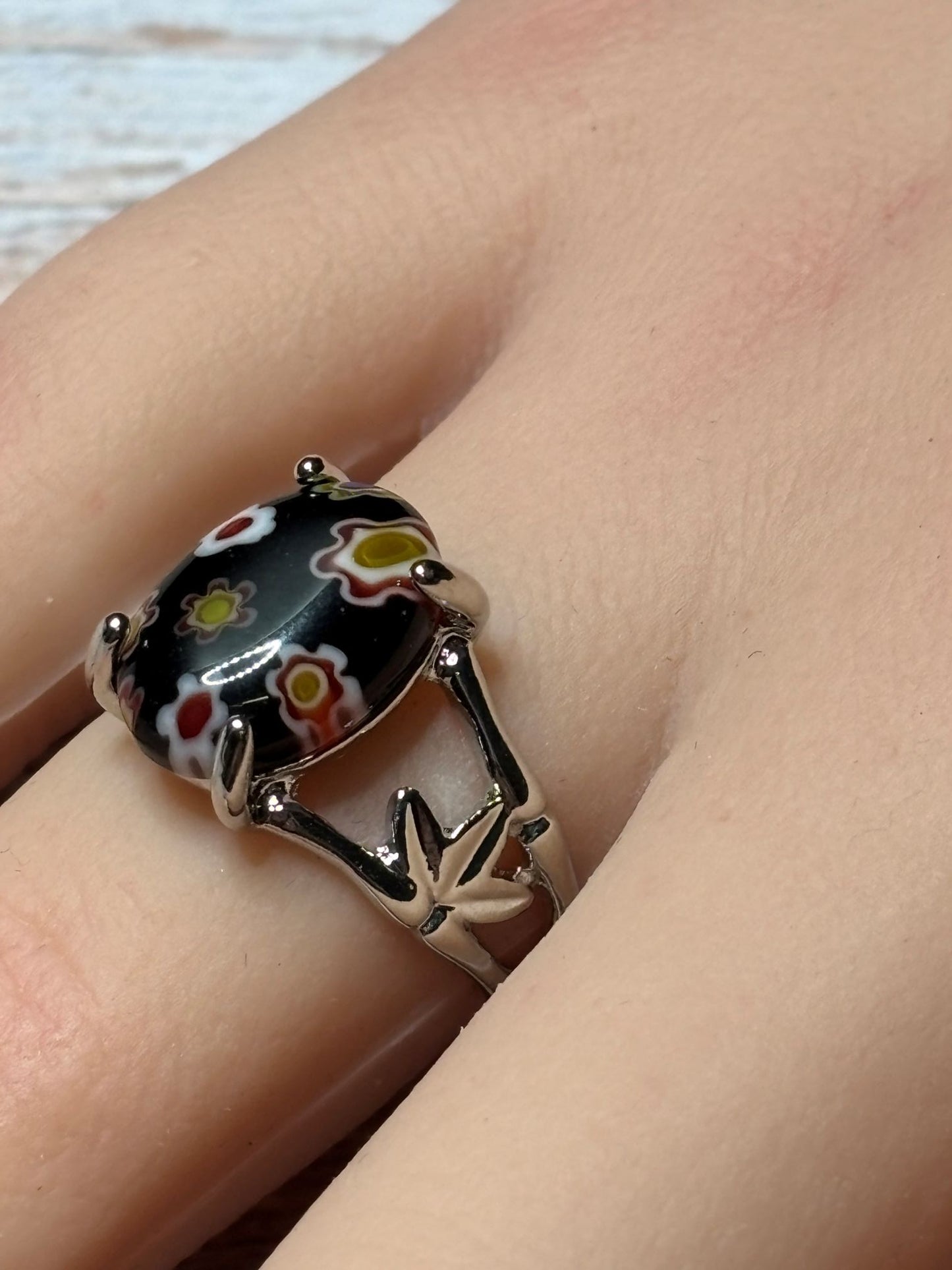 Ring Size 8 Black Floral Murano