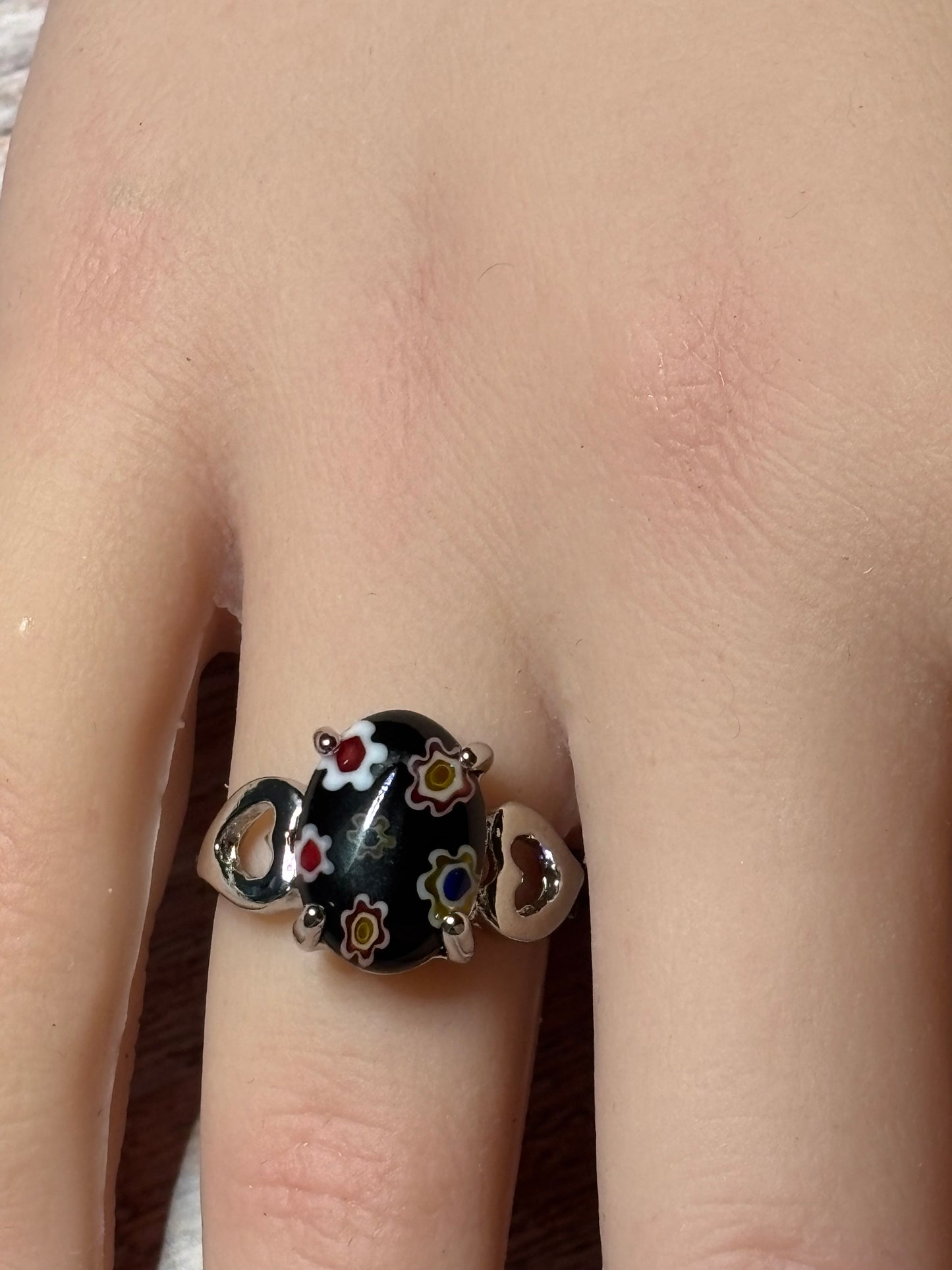 Ring - Size 7.5 Black Floral Murano