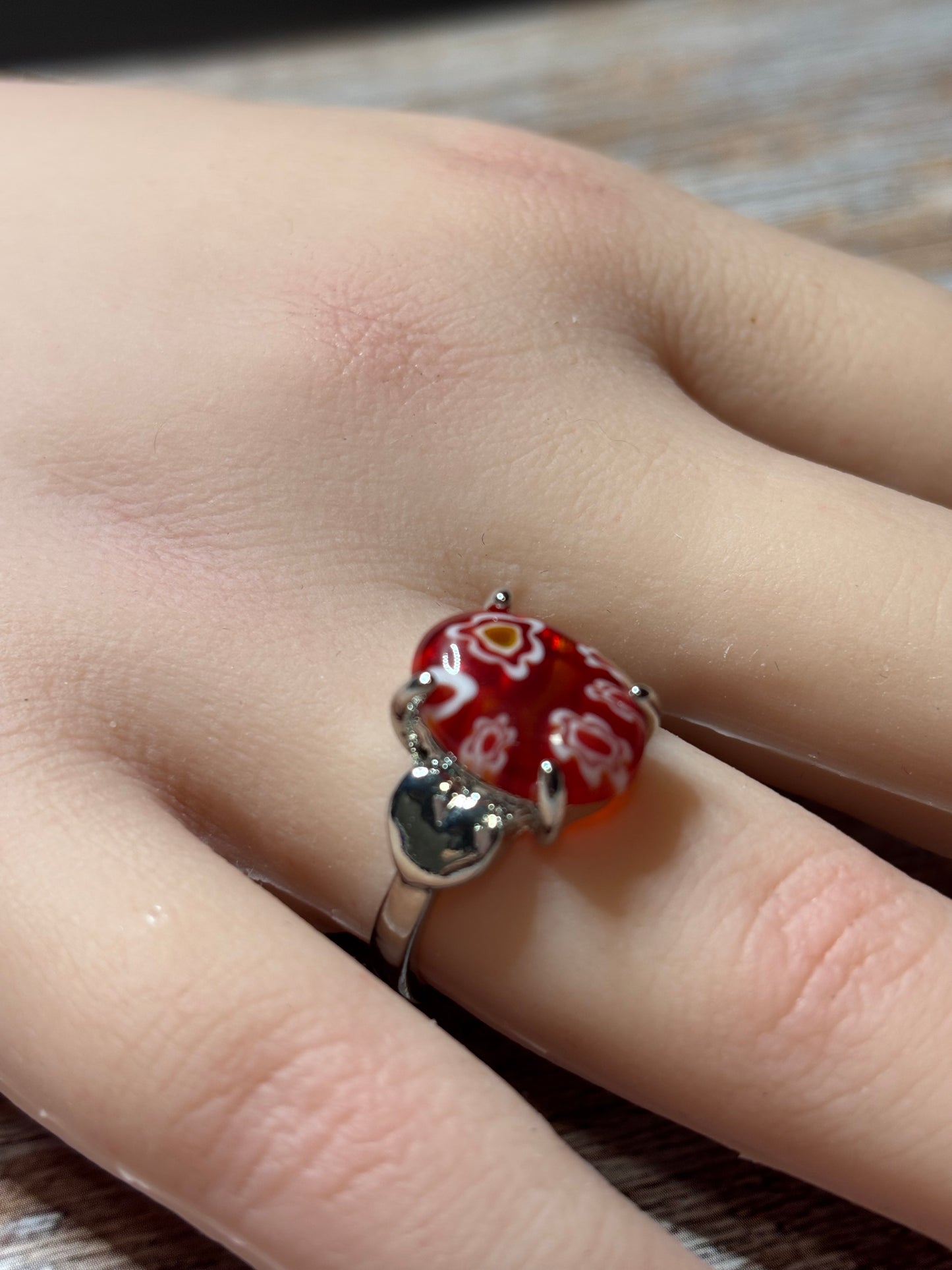 Ring - Size 8.5 Red Floral Murano with Heart Accent