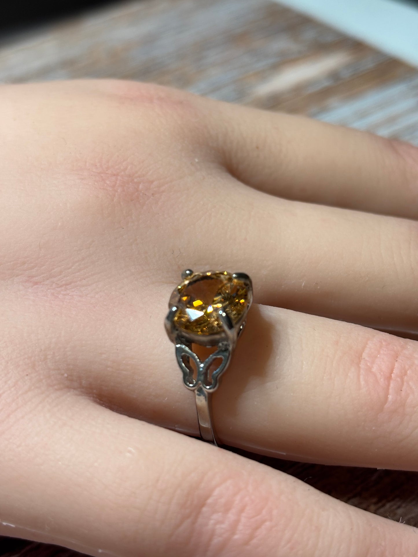 Ring - Size 8.5 Round CItrine with Yellow Hue Butterfly Accent