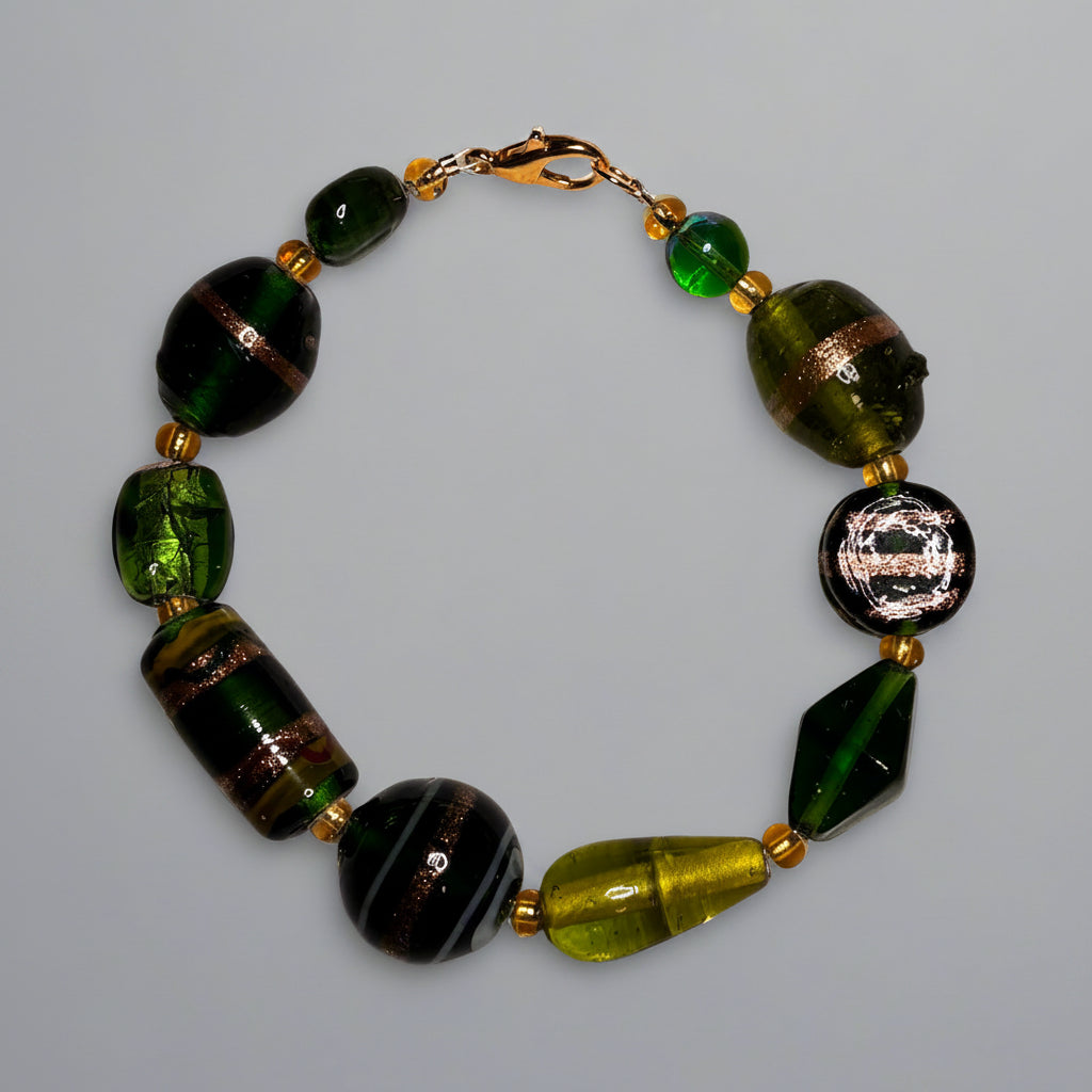 Bracelet - Handmade - Swirly Patterned Green Glass - 8"
