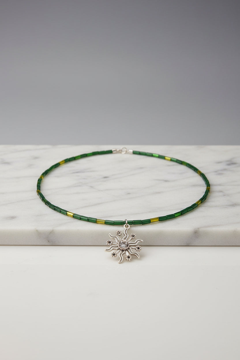Necklace - Handmade - Green Beaded Chain - with Silver Tone Sunburst Charm - Pendant