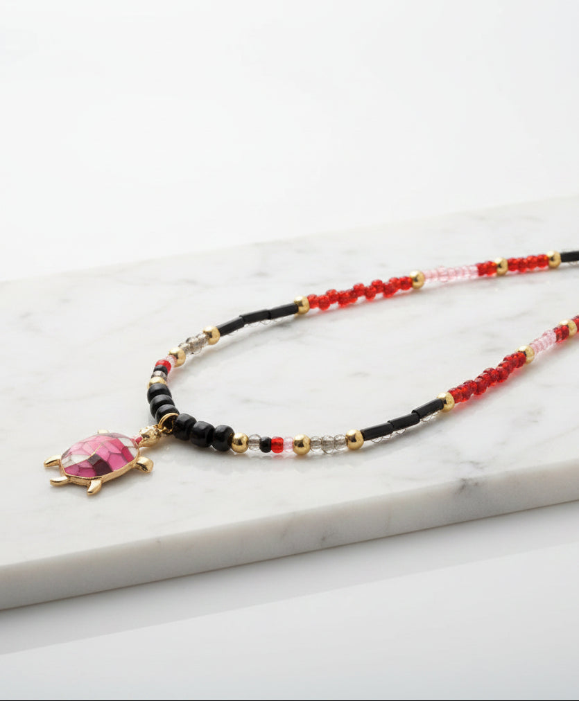 Necklace - Orange, Red Striped, with Fiery Red Seed Beads - Sea Turtle Gold Tone Charm