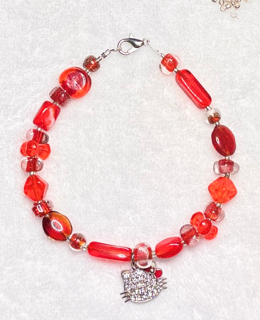 Handmade - Sparkling Hello Kitty Charm Beaded - 8" - Bracelet