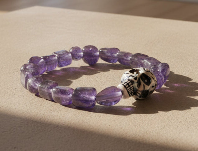 Bracelet - Handmade - Stretch Beaded with Skull focal Bead