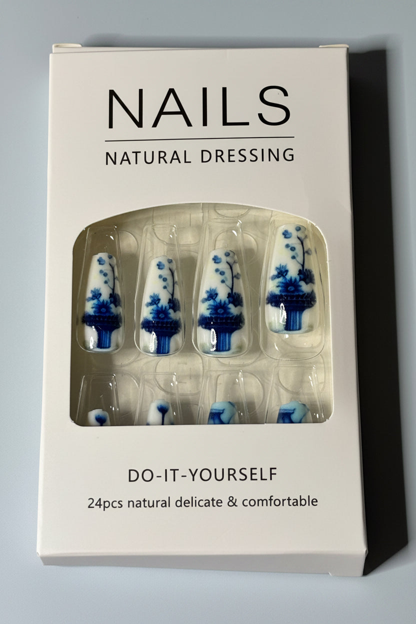 Press on Nails - Blue and White Floral Design