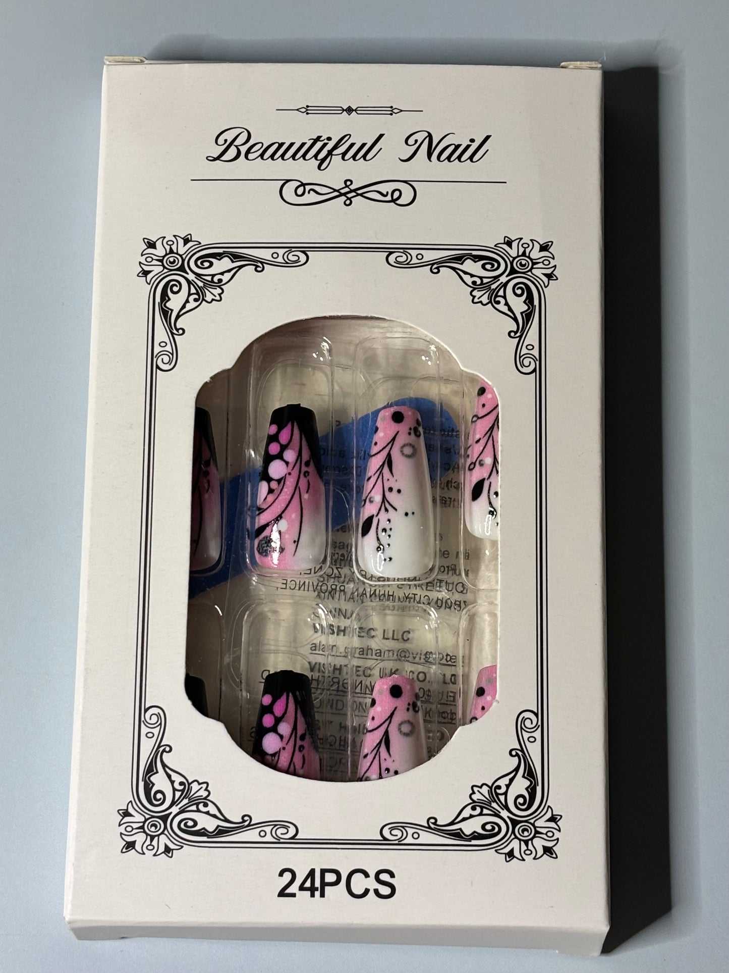 Press on Nails 24 Pieces With Pink and Black Floral Design
