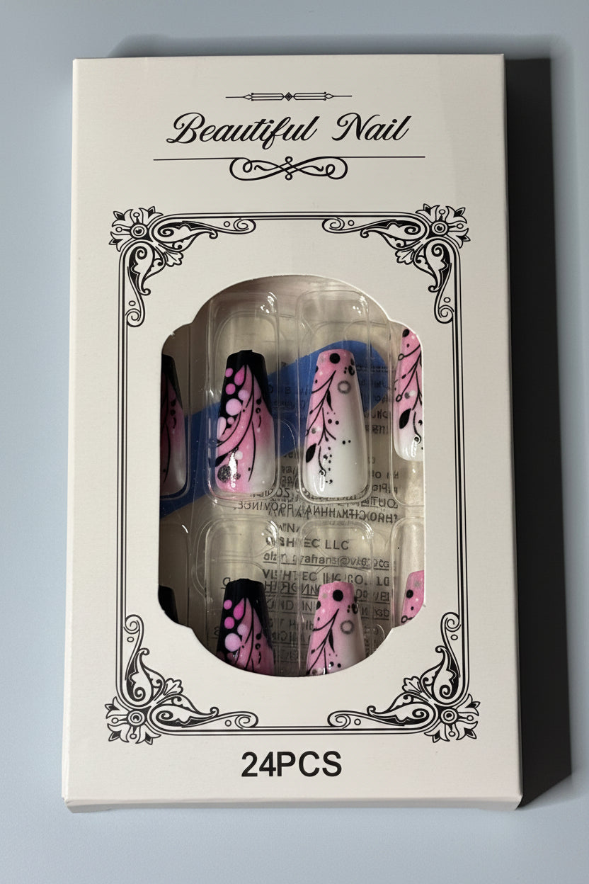 Press on Nails - Pink and Black Floral Design