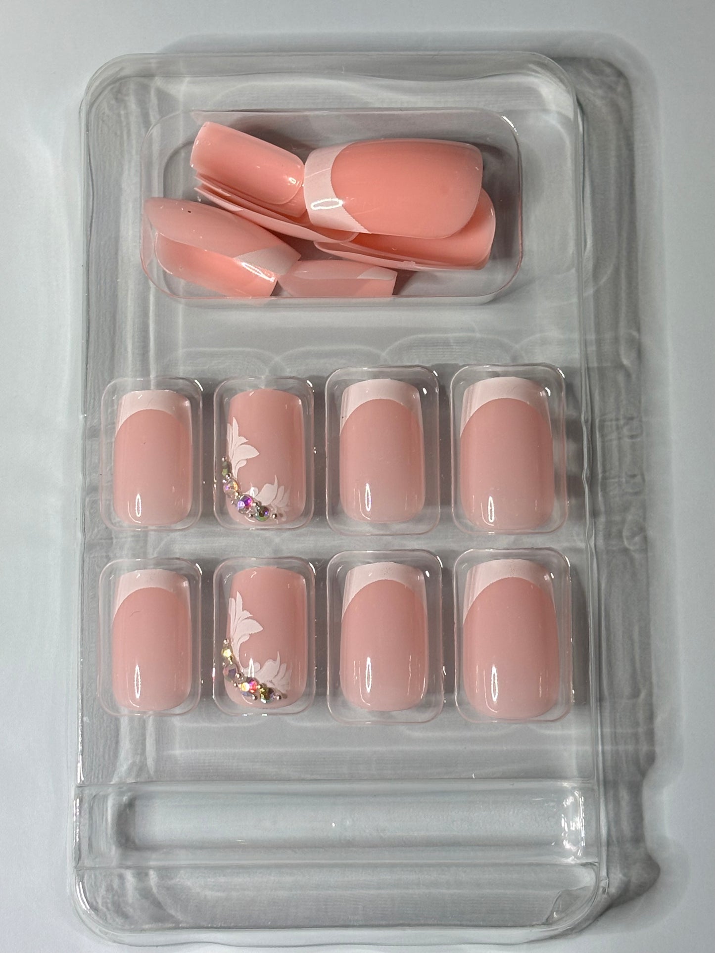 Press on Nails - French Manicure with Rhinestone Accent