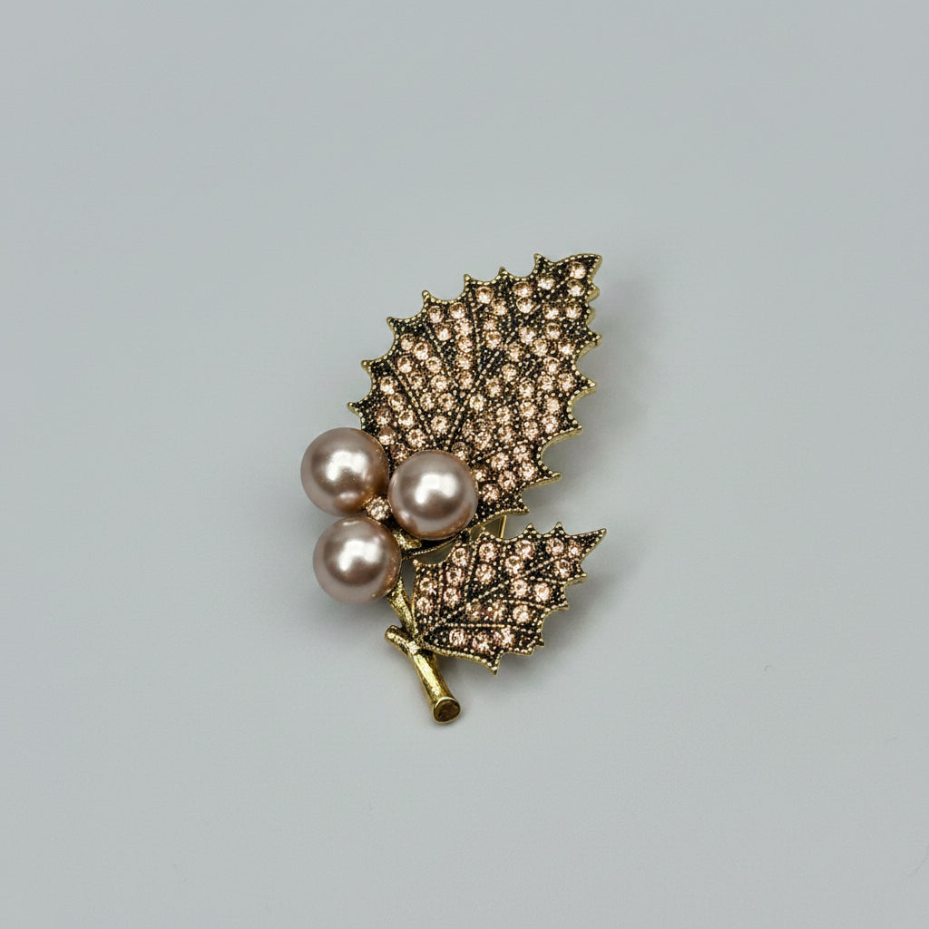 Brooch - Haven Vintage Jagged Edge Leaf with Pearls and Rhinestones