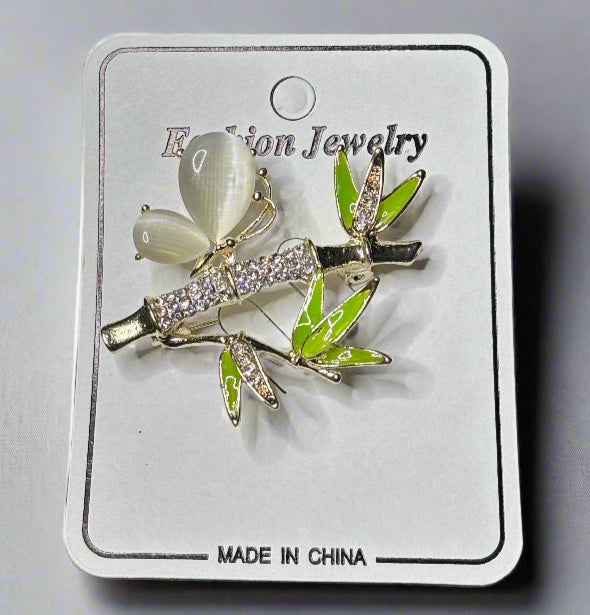 Brooch - Butterfly Perched on a Bamboo Stalk