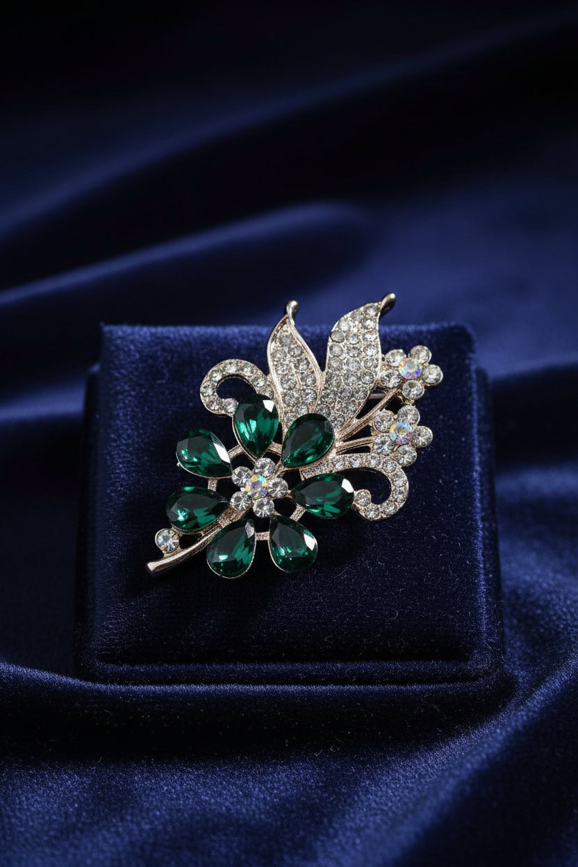 Brooch - Floral Designed with Green and Clear Crystals