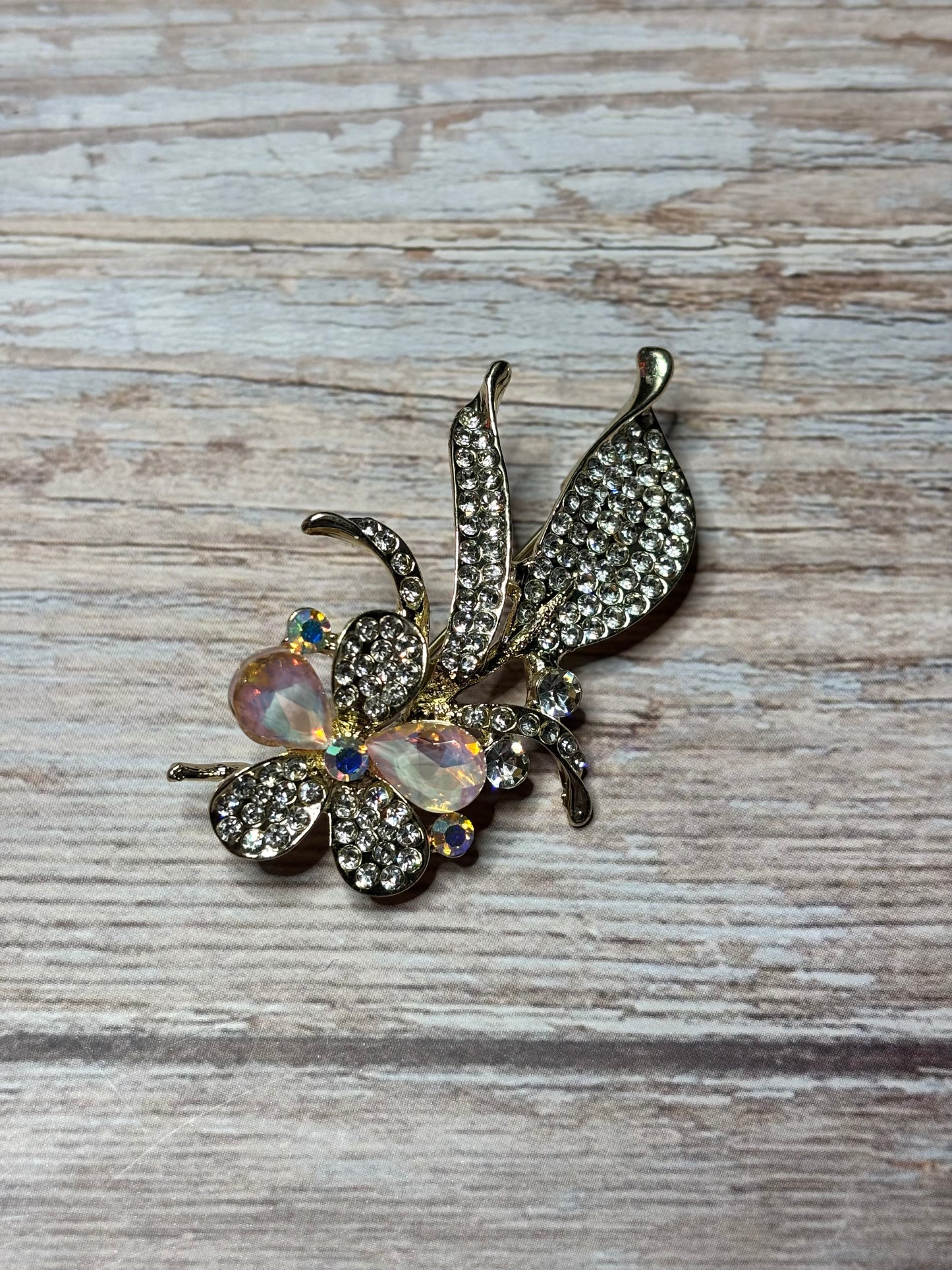 Brooch - Flower Shaped Adorned with Clear and Aurora Borealis Rhinestones