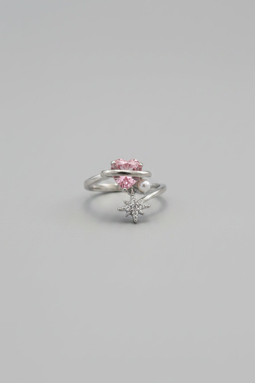 Ring - Pink Heart Crystal with Rhinestone Star and Faux Pearl - Size 6.5