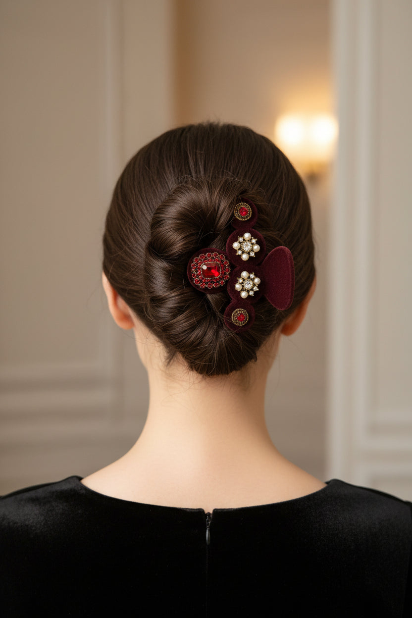 Hair Claws - Luxurious Burgundy Velvet - adorned with Faux Pearls & Gems