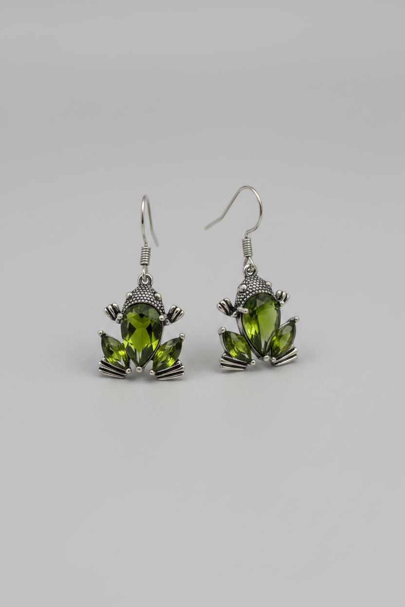Earrings - Green Crystal Sterling Silver Frog Dangle