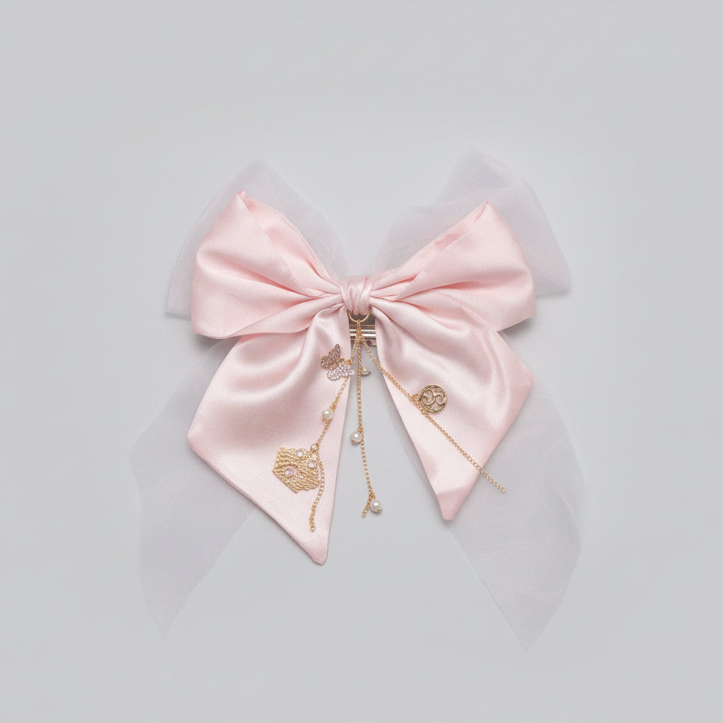 Hair Barrette - Gold Tone - Pale Pink - Satin and Organza - with Gold Chain Ornament Charms