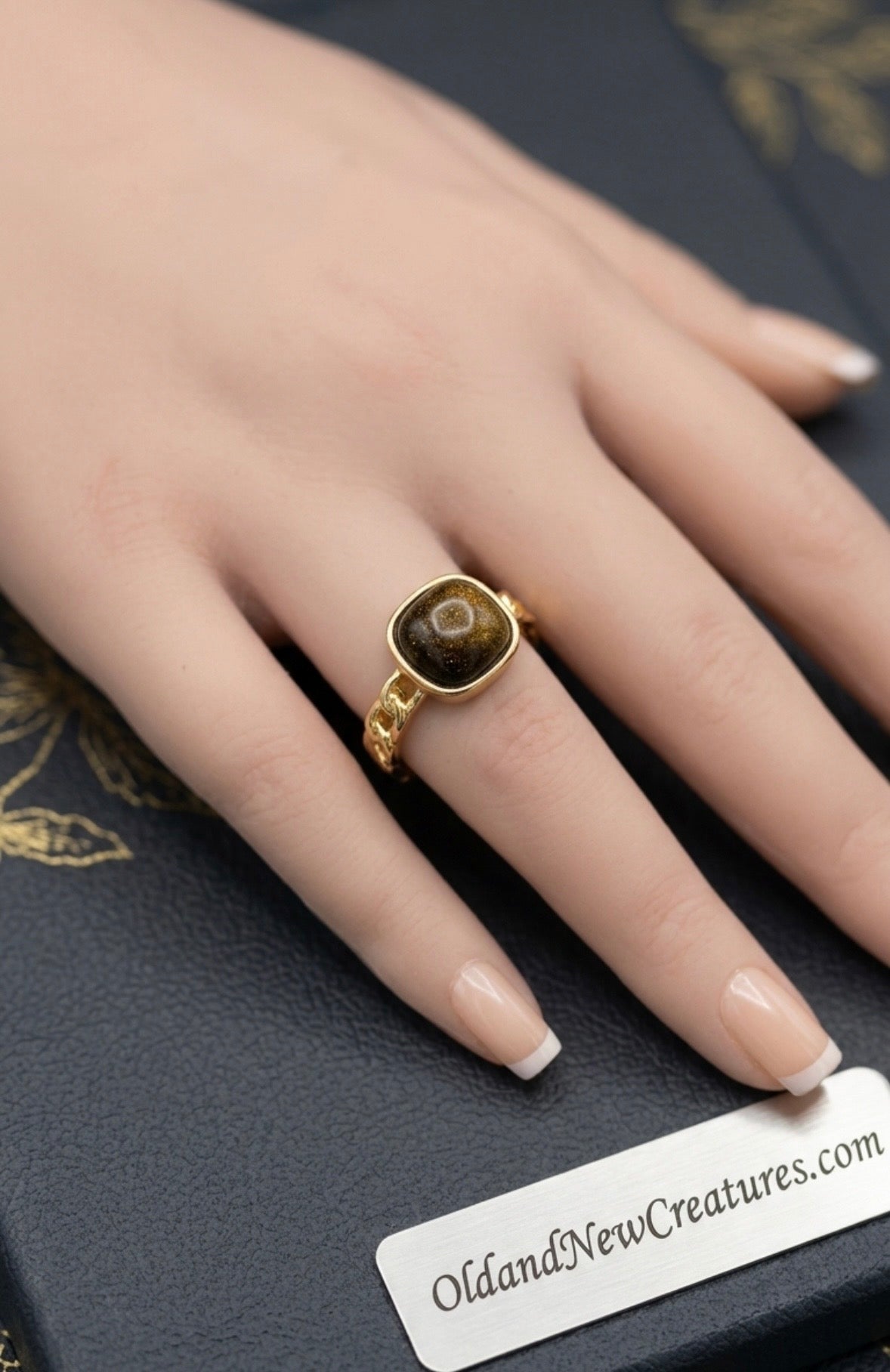 Ring - Gold Tone - Natural Stone Tiger Eye Stone Square Geometric Fat Square - Open Ended - Size - 7.5 - #1075