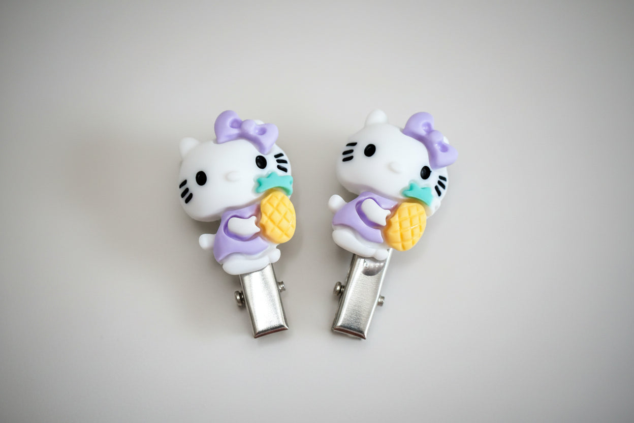 Hair Clips - Set of 2 Hello Kitty in Purple with Pineapple