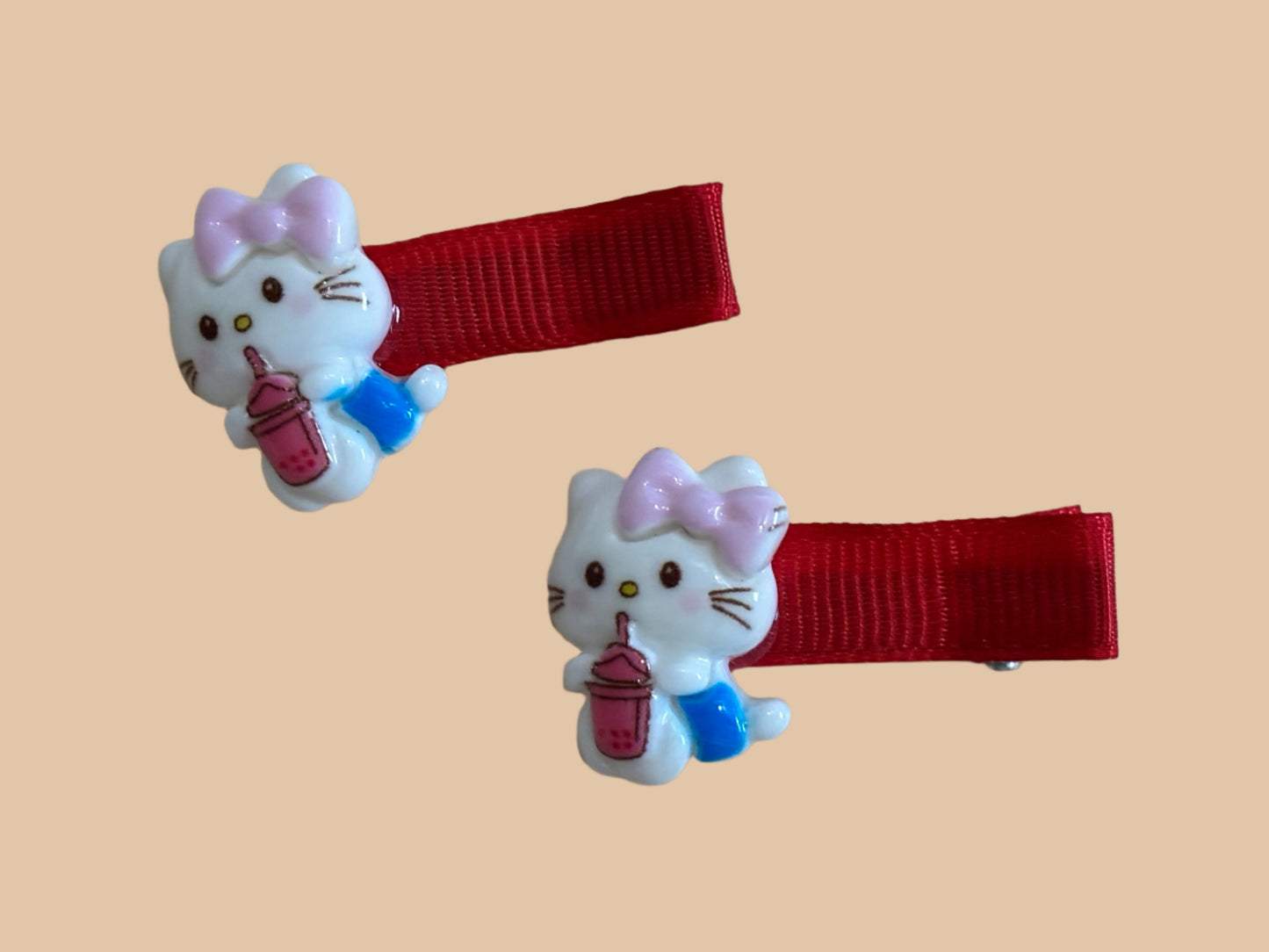 Hair Clips - Set of 2 Hello Kitty Sipping a Drink with Red Fabric