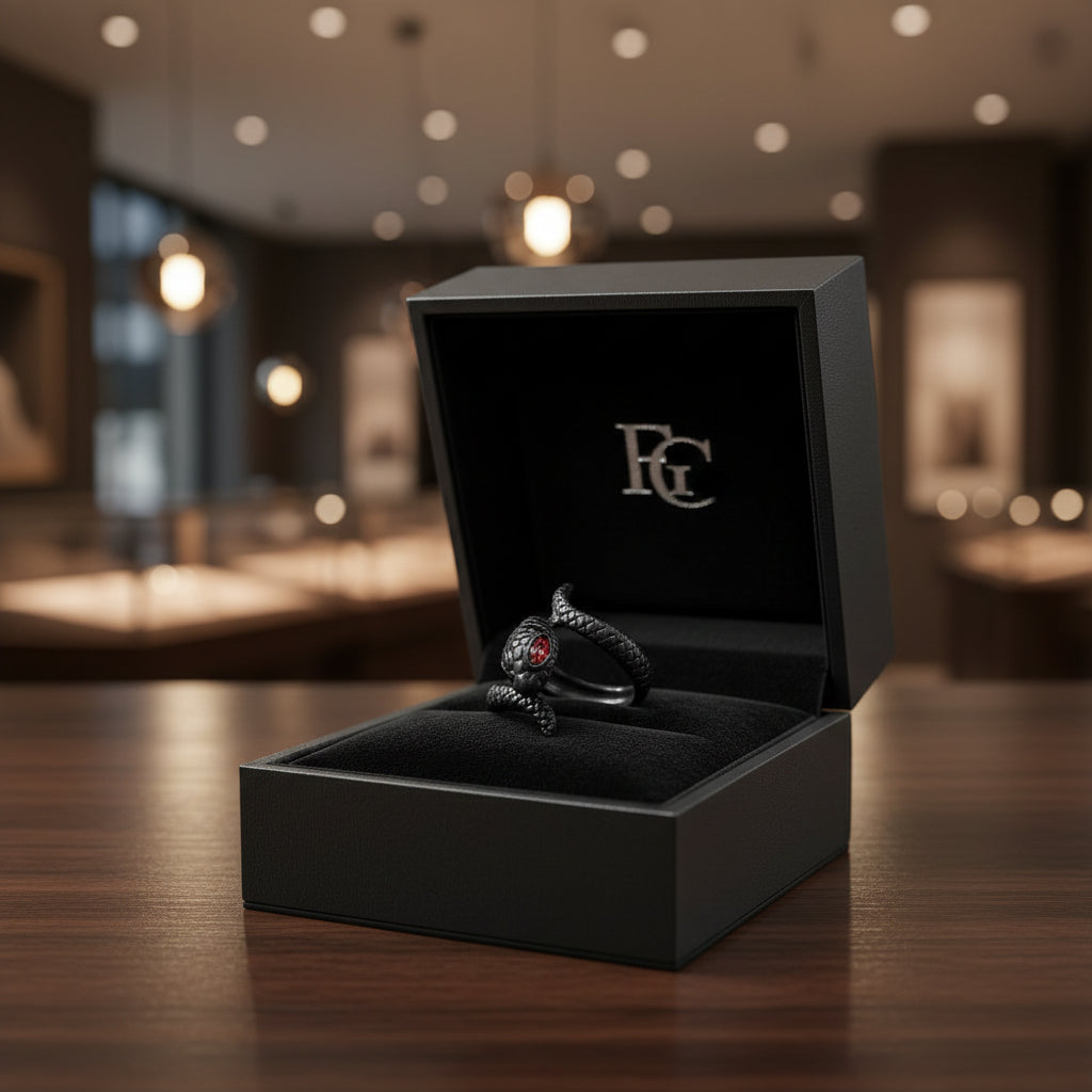 Ring - Black Textured - Serpent Snake - Wrap - Red Crystal Eyes - Size 10