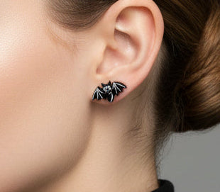 Earrings - Cute - Black - Bat - Studded - Handmade