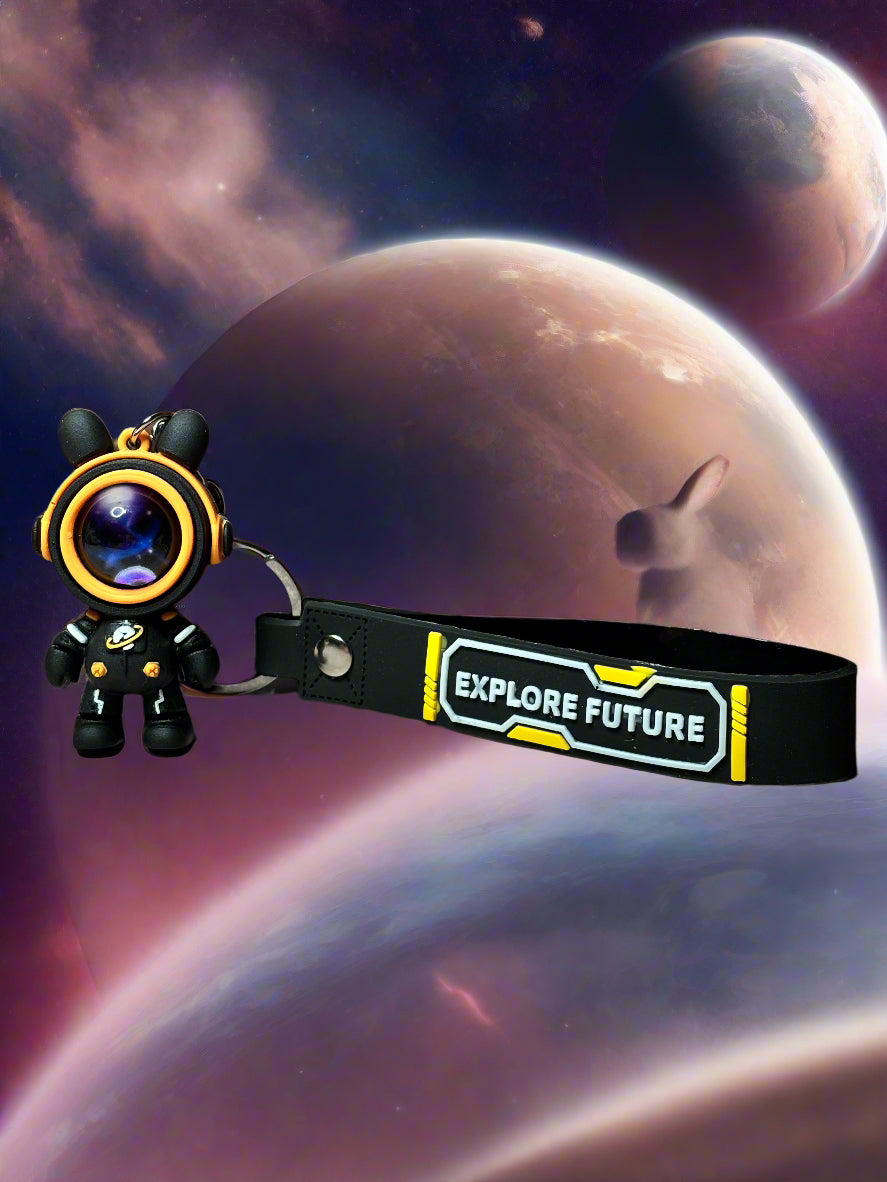 Keychain - "Explore Future" Cute Astronaut Rabbit with Wrist Strap