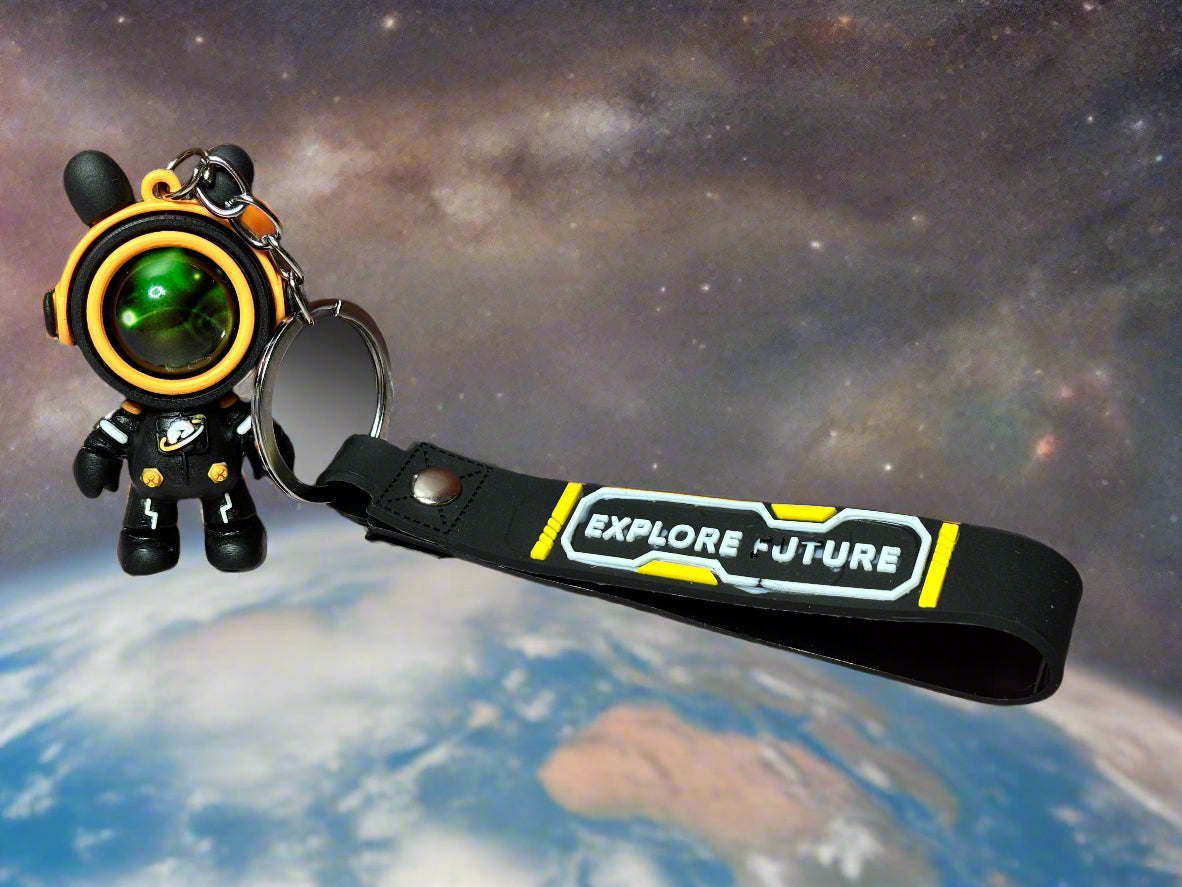 Keychain - "Explore Future" Cute Astronaut Rabbit with Wrist Strap