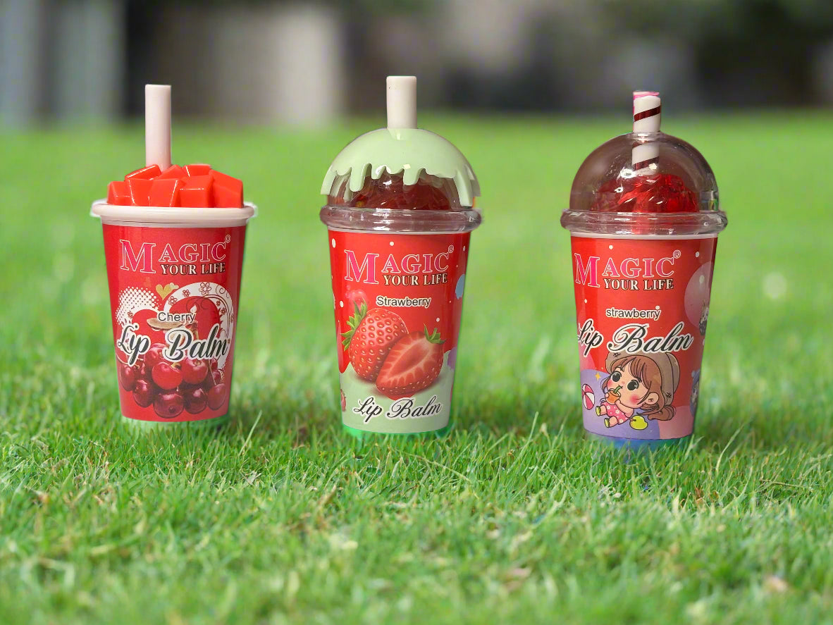 Lip Balm - Set of 3 - Resembling Fun Drink Cups in Strawberry and Cherry