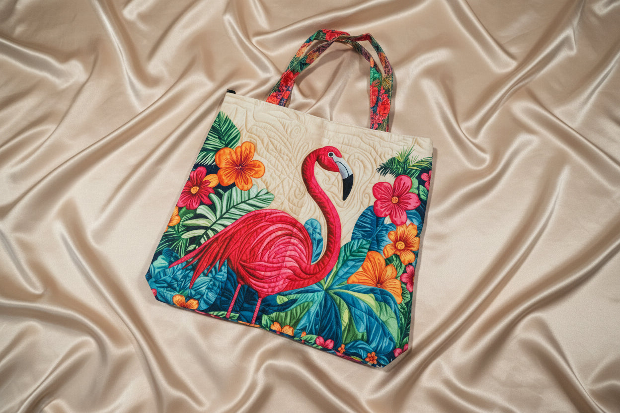 Flamingo CANVAS Faux Quilted Look Tote Bag with Zipper Closure